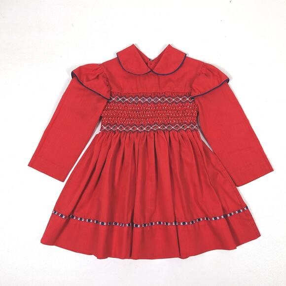 Vintage Polly Flinders Dress Girls Size 4 Red Smocked Christmas Party - Picture 1 of 7